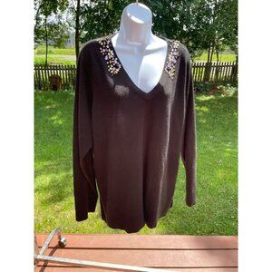 Judy Smith Collection Black Sweater With Jeweled V-Neckline Long Sleeves Womens